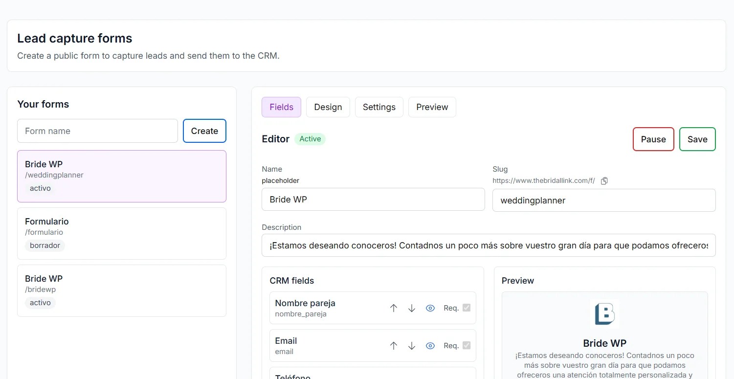 Lead capture form editor and preview